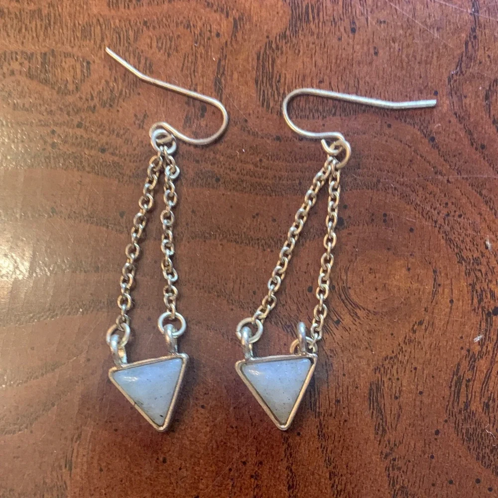 Gold-Tone Chain Drop Earrings with Grey/Green Triangle Moon Stones